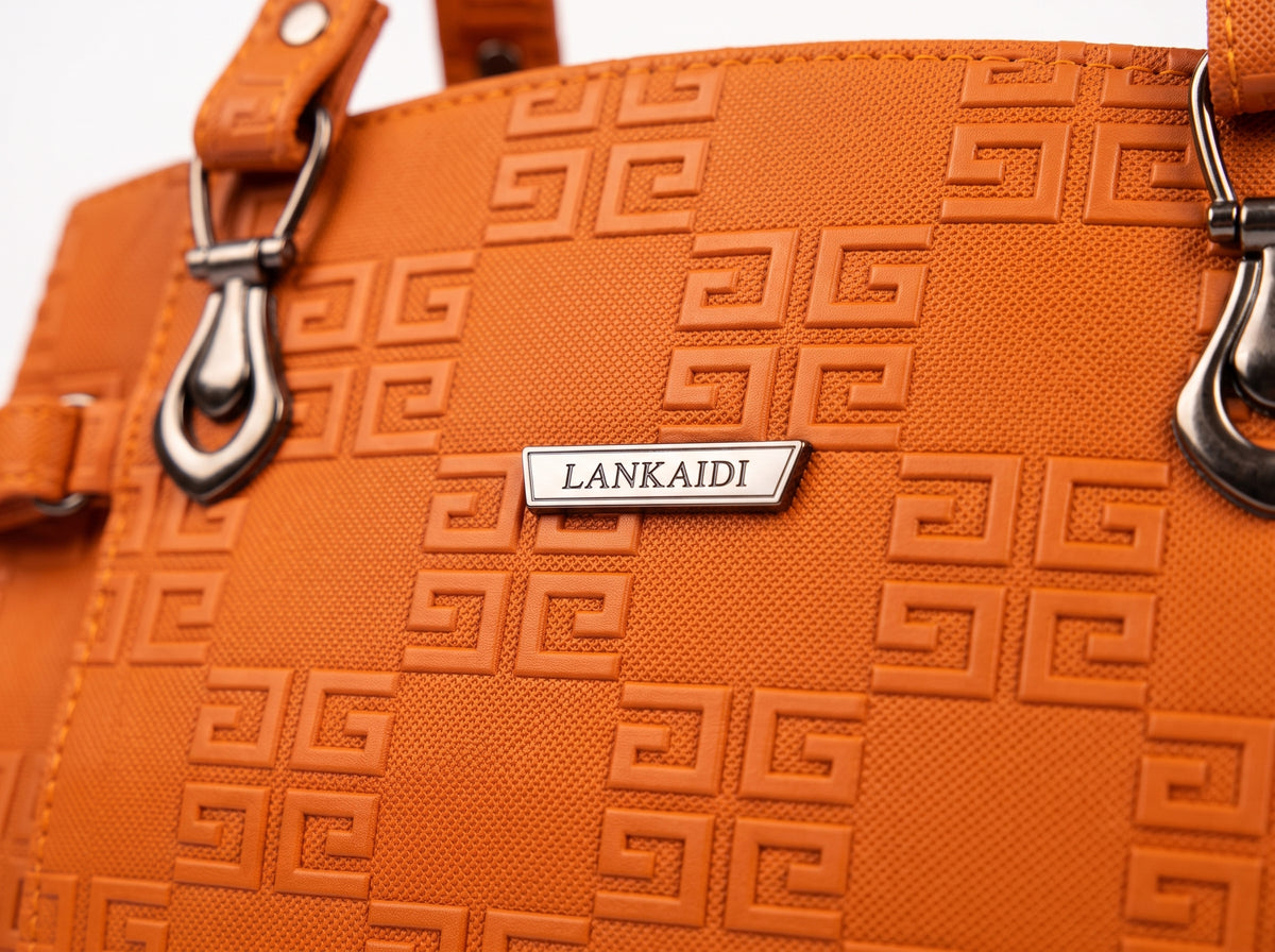Vibrant Orange Embossed Geometric Structured Tote & Hnad Bag