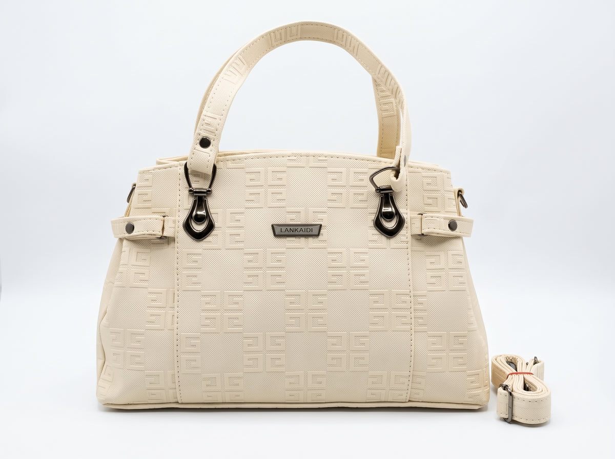 Vibrant Creamy White Embossed Geometric Structured Tote & Shoulder Bag
