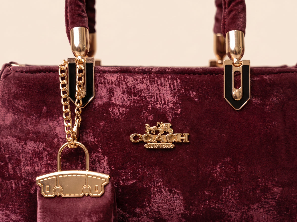 Crushed Velvet Structured Tote & Crossbody Bag With Mini Pouch Charm