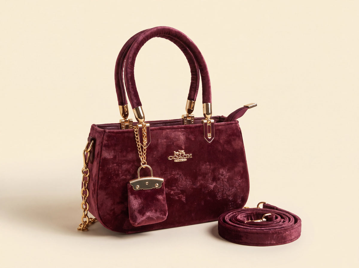 Crushed Velvet Structured Tote & Crossbody Bag With Mini Pouch Charm