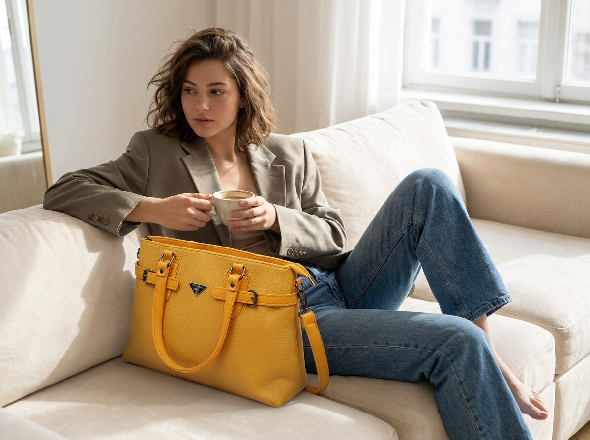 Vibrant Yellow Textured Top Handle Tote & Crossbody