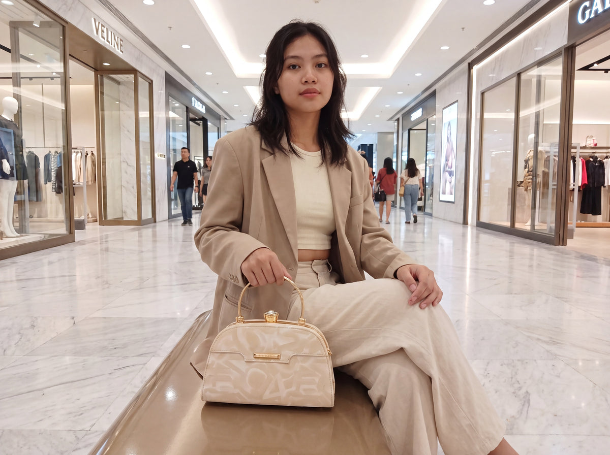 Cream Patterned Ring Handle Evening Clutch & Crossbody