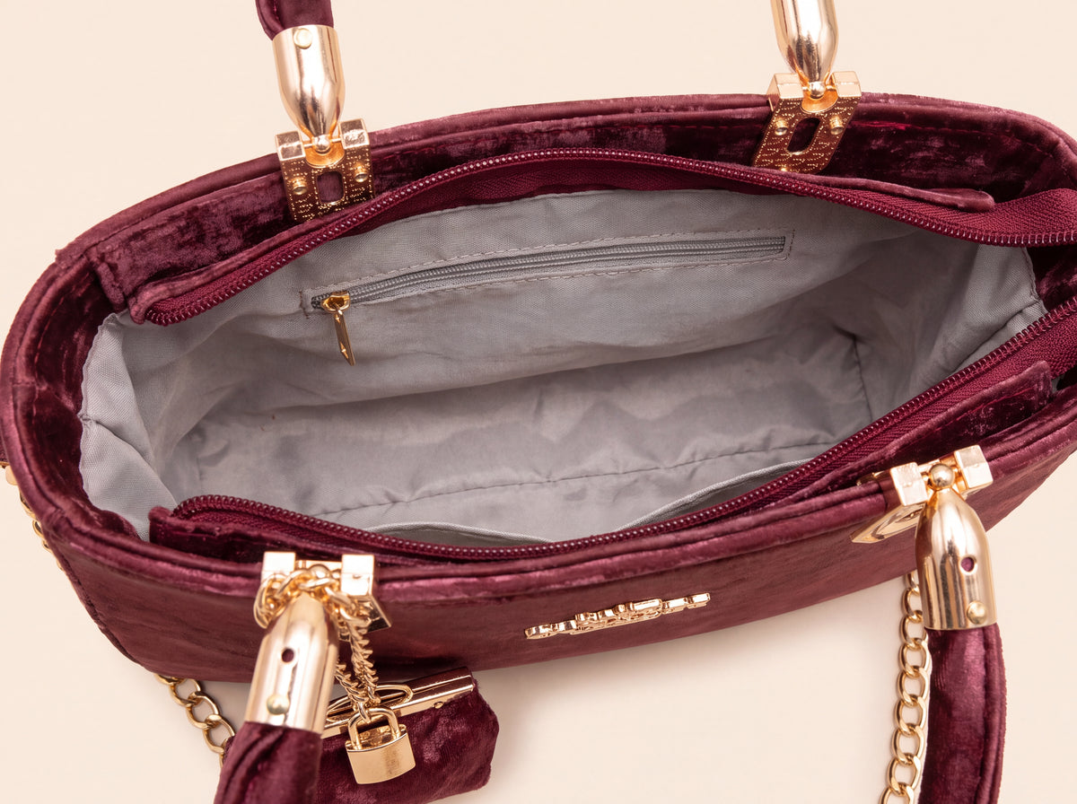 Crushed Velvet Structured Tote & Crossbody Bag With Mini Pouch Charm