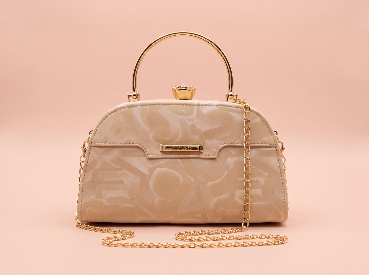 Cream Patterned Ring Handle Evening Clutch & Crossbody