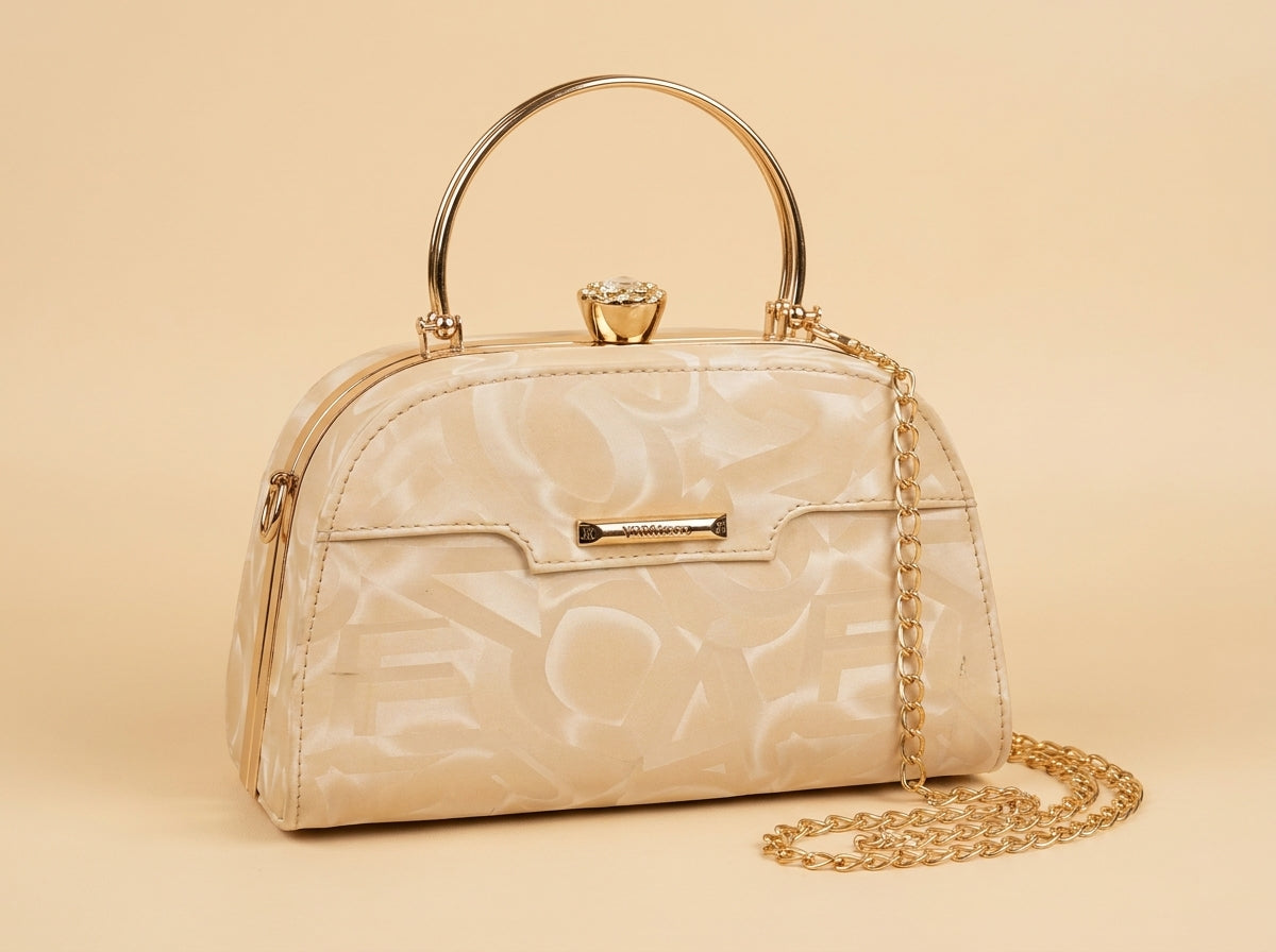 Cream Patterned Ring Handle Evening Clutch & Crossbody