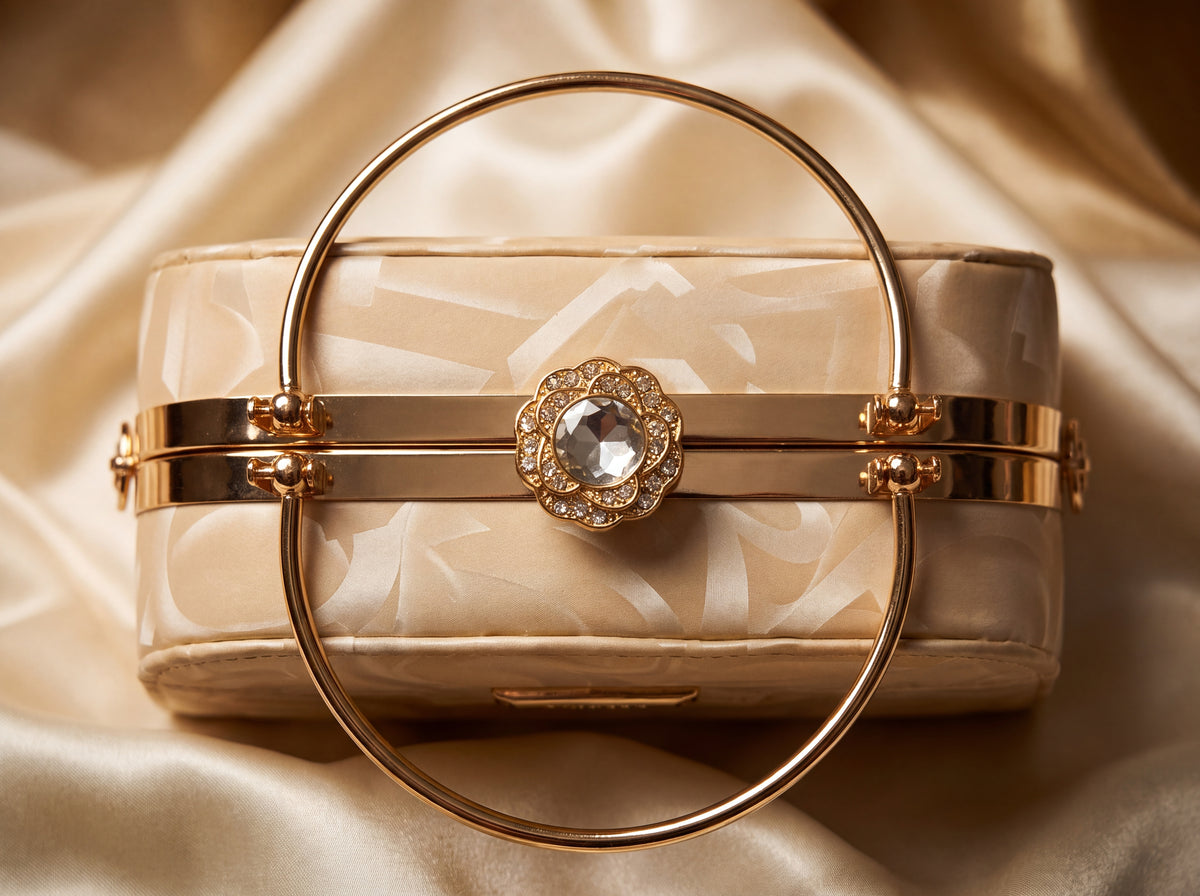 Cream Patterned Ring Handle Evening Clutch & Crossbody