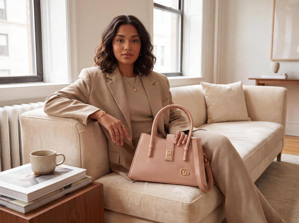 Camel Textured Turn-Lock Structured Tote & Handbag