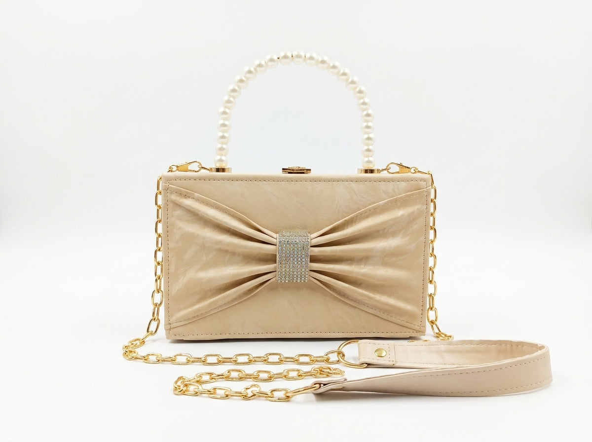 Pearl Handle Textured Bow Box Clutch & Evening Bag