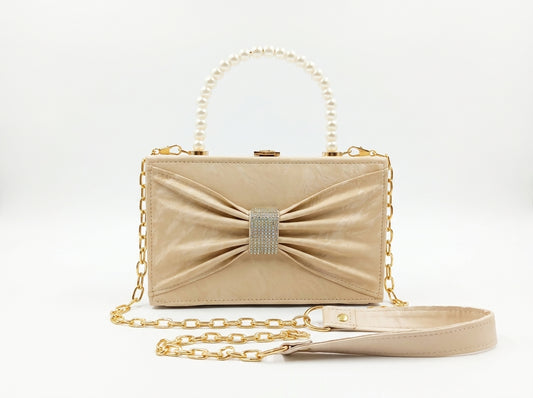 Pearl Handle Textured Bow Box Clutch & Evening Bag