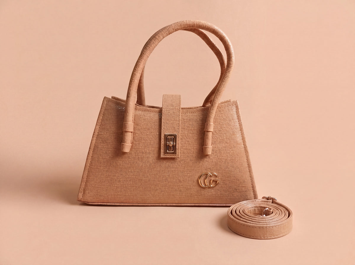 Camel Textured Turn-Lock Structured Tote & Handbag